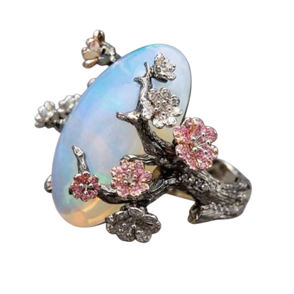 Cherry Blossom Ring Faux Opal Pink White Crystal Sakura Bark Branch Statement